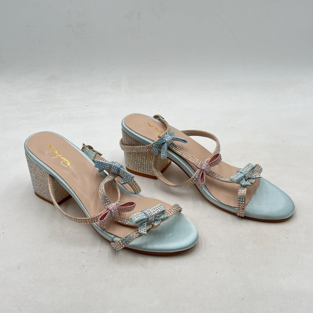 XYD Light Blue Multi Gladiator Rhinestone Crystals Block Heels Open Toe Sandals - Picture 4 of 8